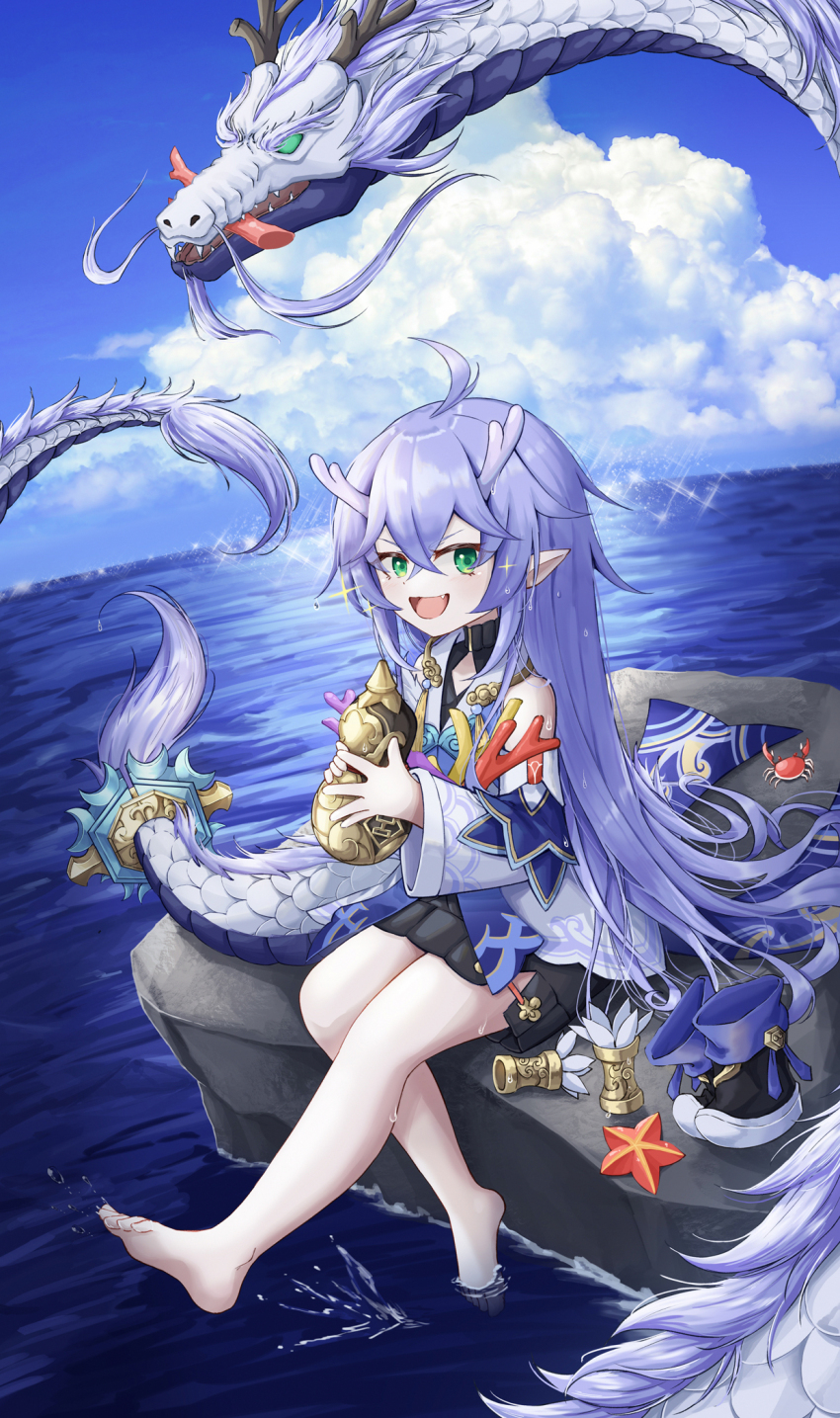 bailu_(honkai:_star_rail), blue_hair, crab, dragon, dragon_girl, dragon_tail, feet, green_eyes, highres, honkai:_star_rail, honkai_(series), ocean, pointy_ears, shoes, unworn_shoes, starfish, sych1590, tail, water