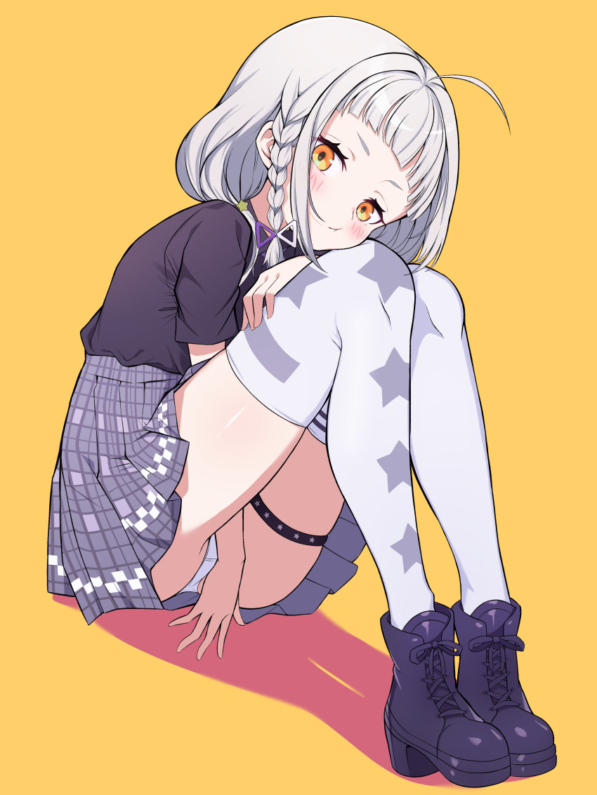 1girl, absurdres, ahoge, black_boots, black_shirt, blush, boots, braid, grey_hair, grey_thighhighs, hair_ornament, high_heel_boots, high_heels, highres, hiroikara_(smhong04), hololive, long_hair, looking_at_viewer, murasaki_shion, murasaki_shion_(school_uniform), panties, pantyshot, partially_visible_vulva, pout, purple_skirt, school_uniform, shirt, short_sleeves, simple_background, sitting, skindentation, skirt, solo, thigh_strap, thighhighs, underwear, upskirt, virtual_youtuber, white_panties, yellow_eyes