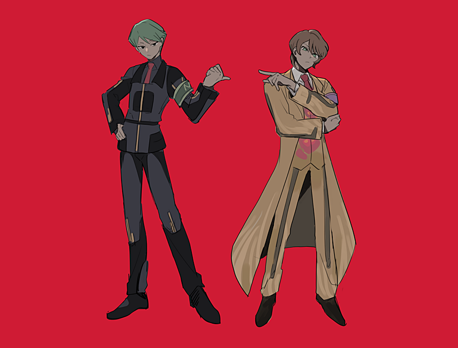 2boys, armband, black_boots, black_eyes, black_shoes, boots, brown_hair, closed_mouth