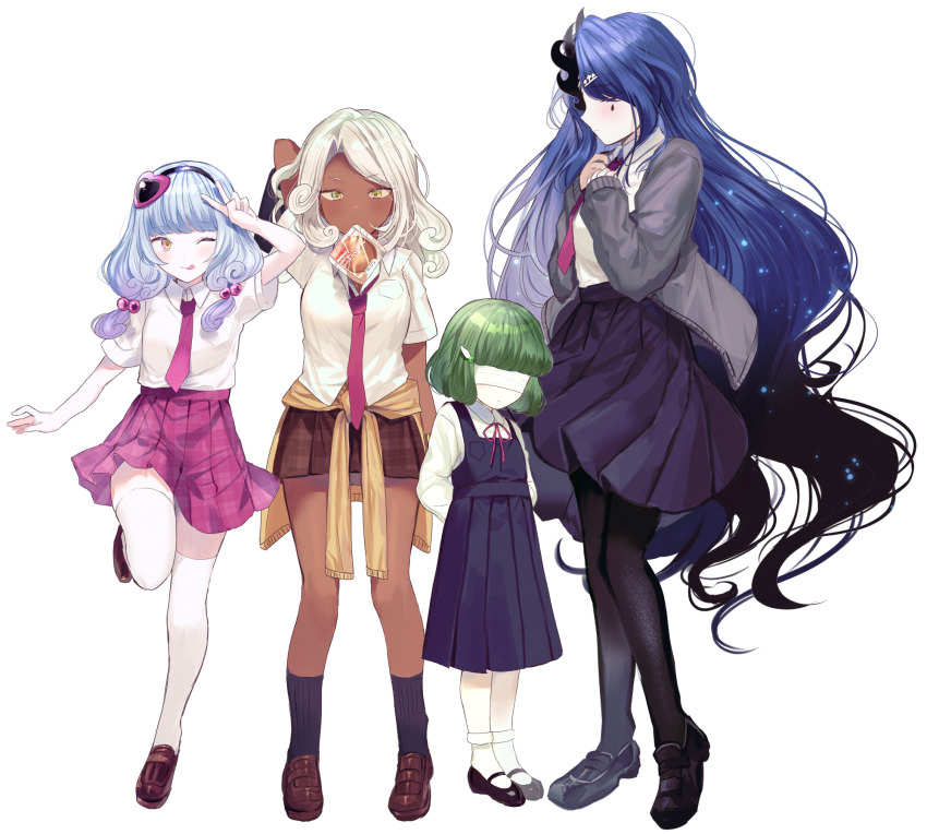 4girls, black_footwear, black_hair, black_pantyhose, blindfold, blue_hair, blue_skirt, blue_socks
