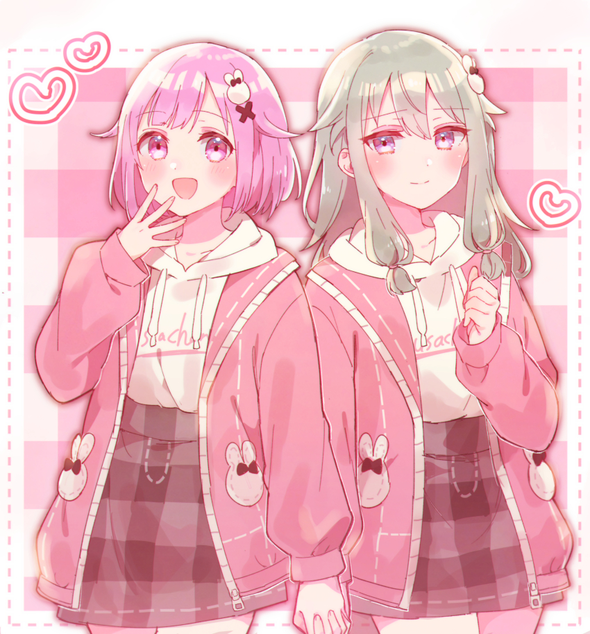 2girls, :d, absurdres, brown_skirt, closed_mouth, drawstring, grey_background, grey_hair