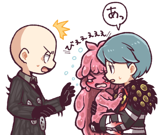 >_<, 1girl, 2boys, ^^^, aqua_hair, bald, black_eyes, black_gloves