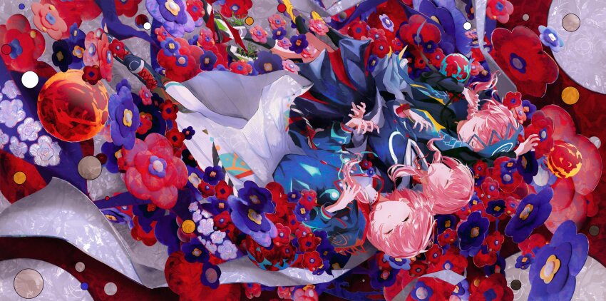 3girls, abstract_background, absurdres, black_socks, blue_flower, blue_jacket, boots, braid