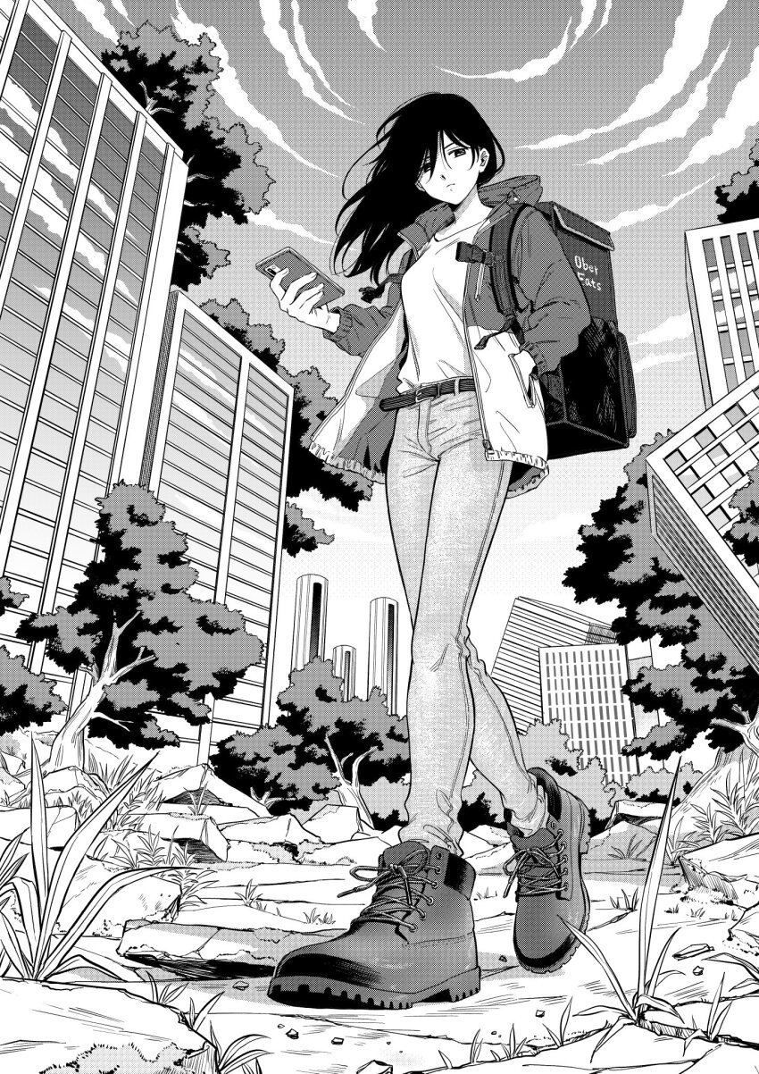 1girl, backpack, bag, belt, box, breasts, building, cellphone, crack, cracked_floor, day, delivery, eduroku, food_delivery_box, from_below, from_side, frown, full_body, grass, greyscale, hair_over_one_eye, hand_in_pocket, highres, holding, holding_phone, jacket, long_hair, long_sleeves, looking_at_viewer, looking_down, looking_to_the_side, medium_breasts, monochrome, original, pants, phone, post-apocalypse, ruins, shoes, sky, skyscraper, sneakers, solo, swept_bangs, tree, walking