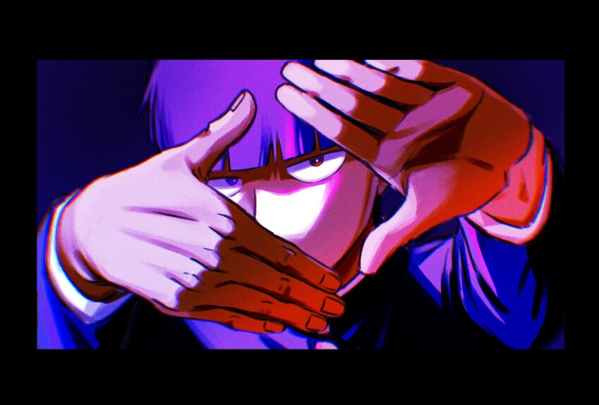 1boy, blue_eyes, blue_hair, blue_theme, blunt_bangs, border, eduroku, finger_frame