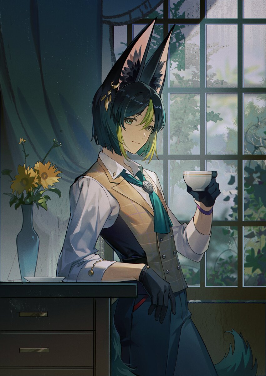 1boy, absurdres, animal_ears, black_gloves, black_hair, black_pants, brown_vest, collared_shirt