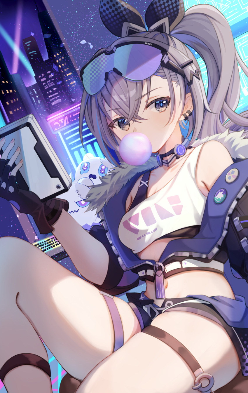 1girl, black_choker, black_gloves, black_jacket, blowing_bubble_gum, blowing_bubbles, breasts, chewing_gum