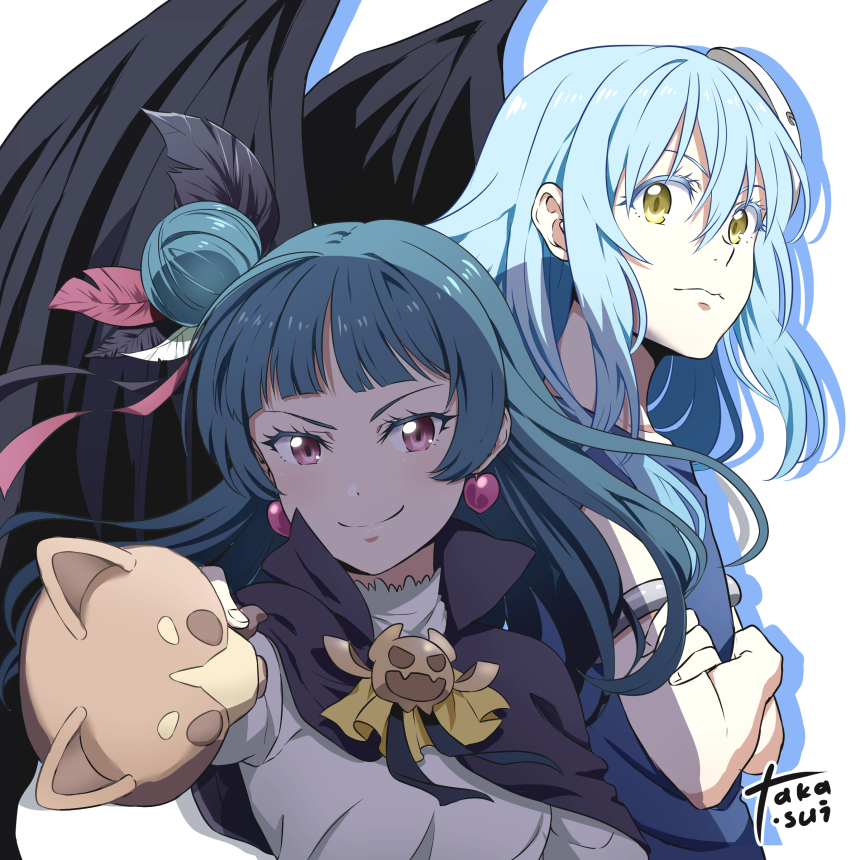 1girl, 1other, androgynous, black_wings, blue_hair, crossover, earrings, genjitsu_no_yohane