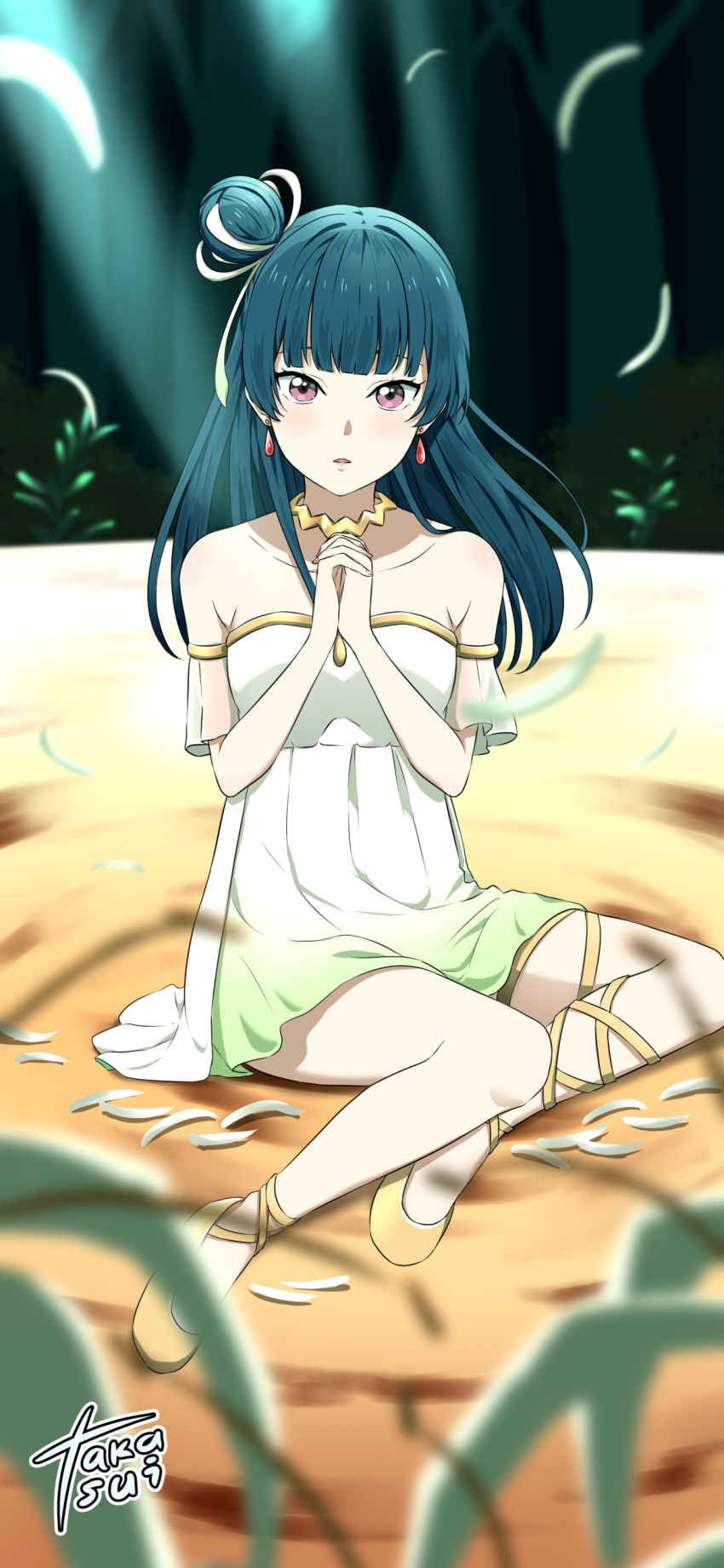 1girl, absurdres, dress, earrings, far_far_away_(love_live!), full_body, genjitsu_no_yohane, gold_trim