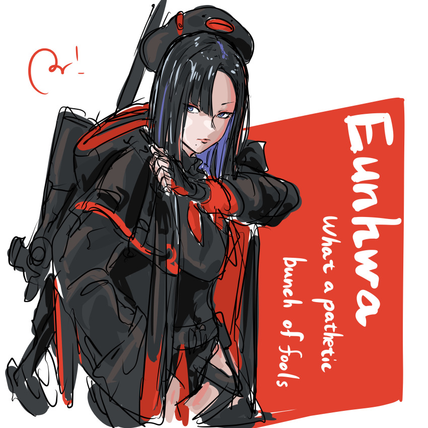 1girl, absurdres, beret, black_hair, black_hat, black_jacket, black_leotard, black_serafuku, character_name, colored_inner_hair, eunhwa_(nikke), forehead, goddess_of_victory:_nikke, gun, hat, highres, holding_strap, hood, hooded_jacket, jacket, leotard, lips, long_hair, looking_to_the_side, mole, mole_under_mouth, multicolored_hair, neckerchief, parted_bangs, popopopopo_0101, purple_eyes, purple_hair, red_jacket, red_neckerchief, rifle, school_uniform, serafuku, sniper_rifle, solo, two-sided_fabric, two-sided_jacket, weapon, weapon_on_back