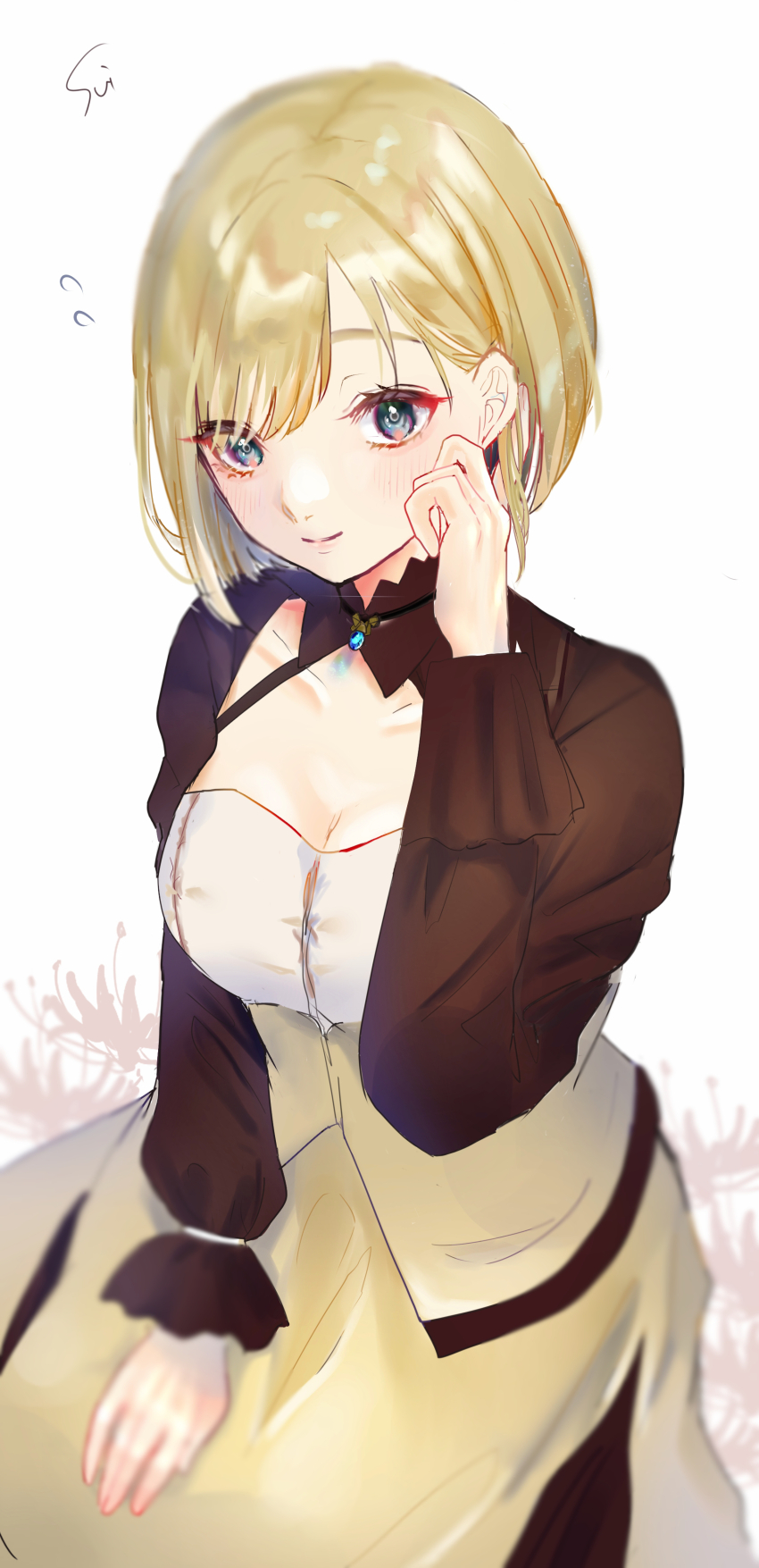 1girl, absurdres, blonde_hair, blue_gem, blush, breasts, brown_jacket, ceres_(shuuen_no_virche)