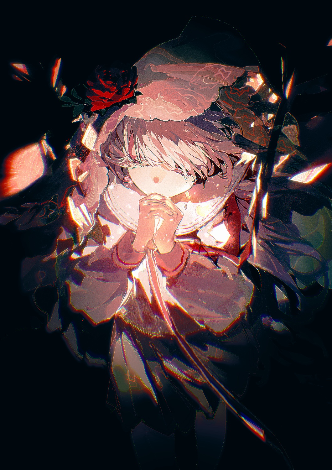 1girl, arcaea, black_skirt, closed_eyes, cowboy_shot, dark, dot_nose, facing_viewer, flower, grey_hair, highres, hikari_(arcaea), hikari_(zero)_(arcaea), lobelia_(saclia), long_bangs, long_sleeves, mole, mole_under_eye, neckerchief, own_hands_clasped, own_hands_together, pleated_skirt, red_flower, red_neckerchief, red_rose, rose, sailor_collar, school_uniform, serafuku, shirt, sidelocks, skirt, sleeve_cuffs, solo, veil, white_sailor_collar, white_shirt, white_veil