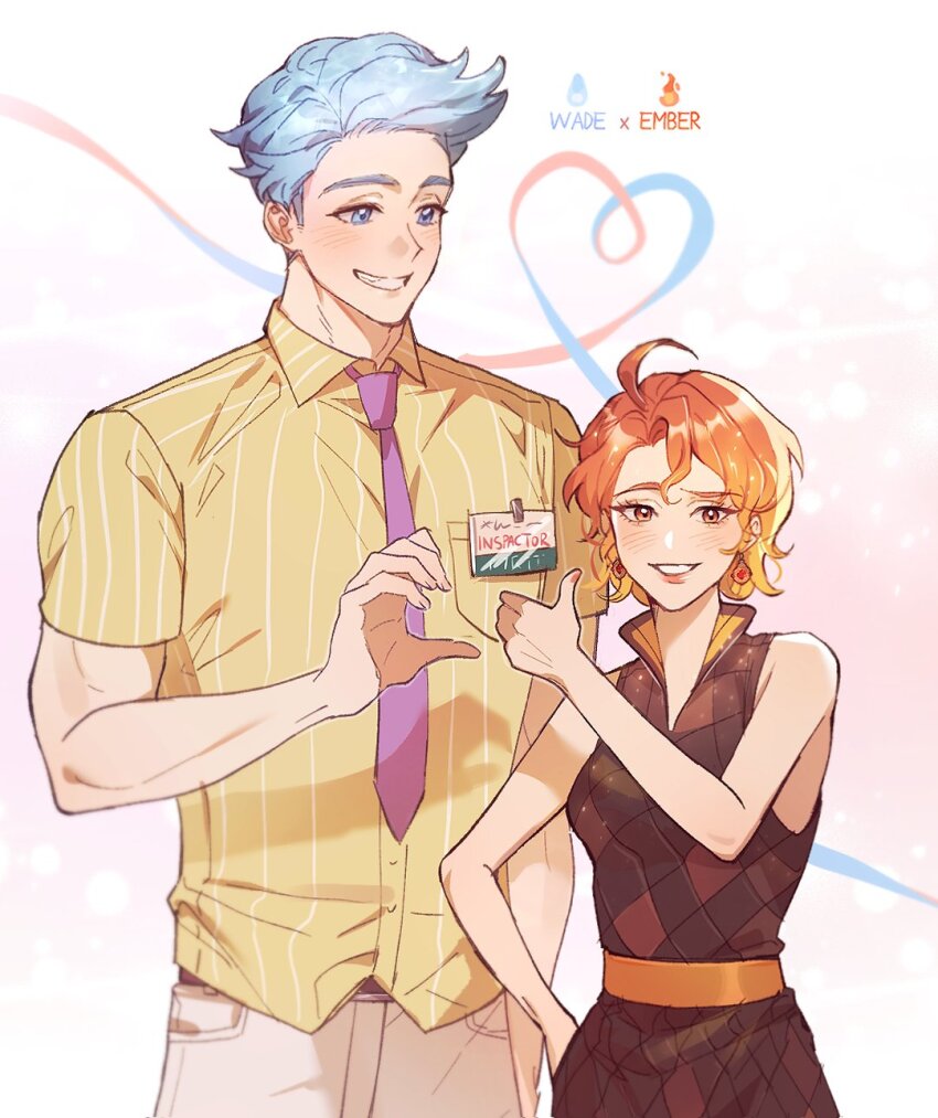 1boy, 1girl, ahoge, belt, black_dress, blue_eyes, blue_hair, character_name