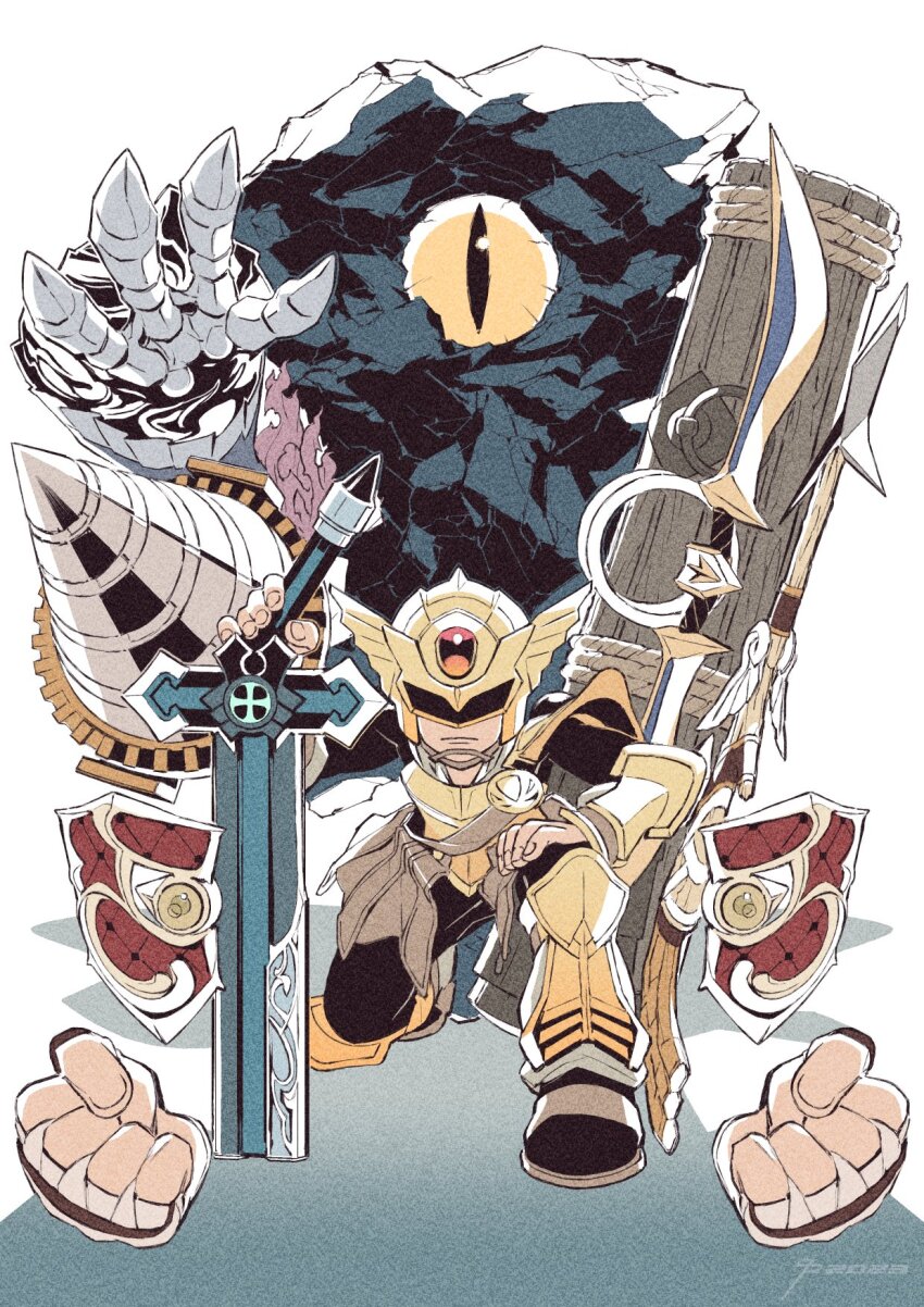 1boy, armor, bow_(weapon), brawler_claws_(kid_icarus), club_(weapon), crusader_blade_(kid_icarus), dated, disembodied_hand