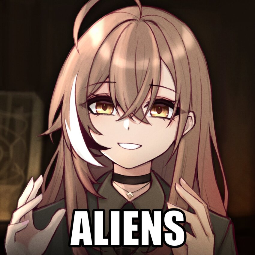 1girl, :d, ahoge, alternate_costume, ancient_aliens, ao-chan_(ninomae_ina'nis), black_choker, black_shirt