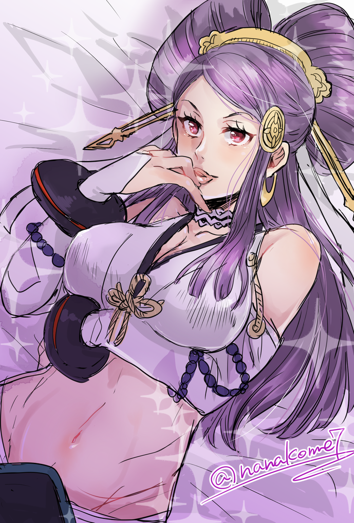1girl, bare_shoulders, bracelet, breasts, choker, comb, double_bun, fire_emblem, fire_emblem_fates, hair_bun, japanese_clothes, jewelry, large_breasts, nanakome, nintendo, orochi_(fire_emblem), purple_eyes, purple_hair, solo