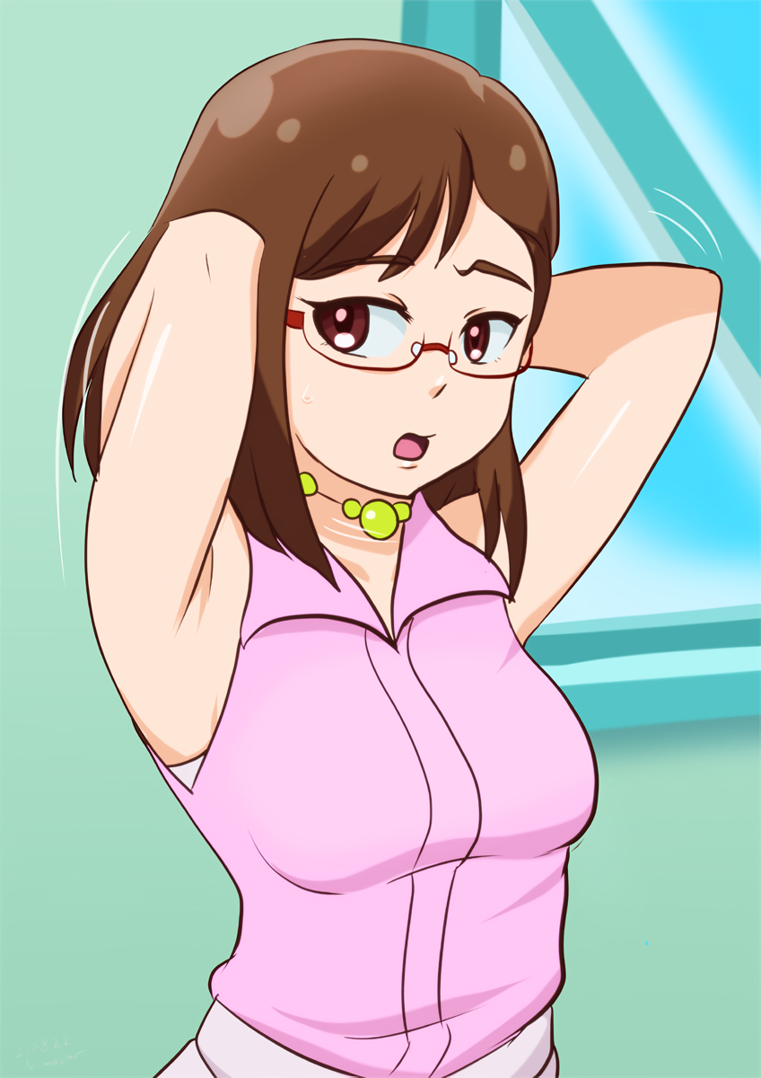 1girl, armpits, arms_behind_head, arms_up, brown_hair, glasses, highres, indoors