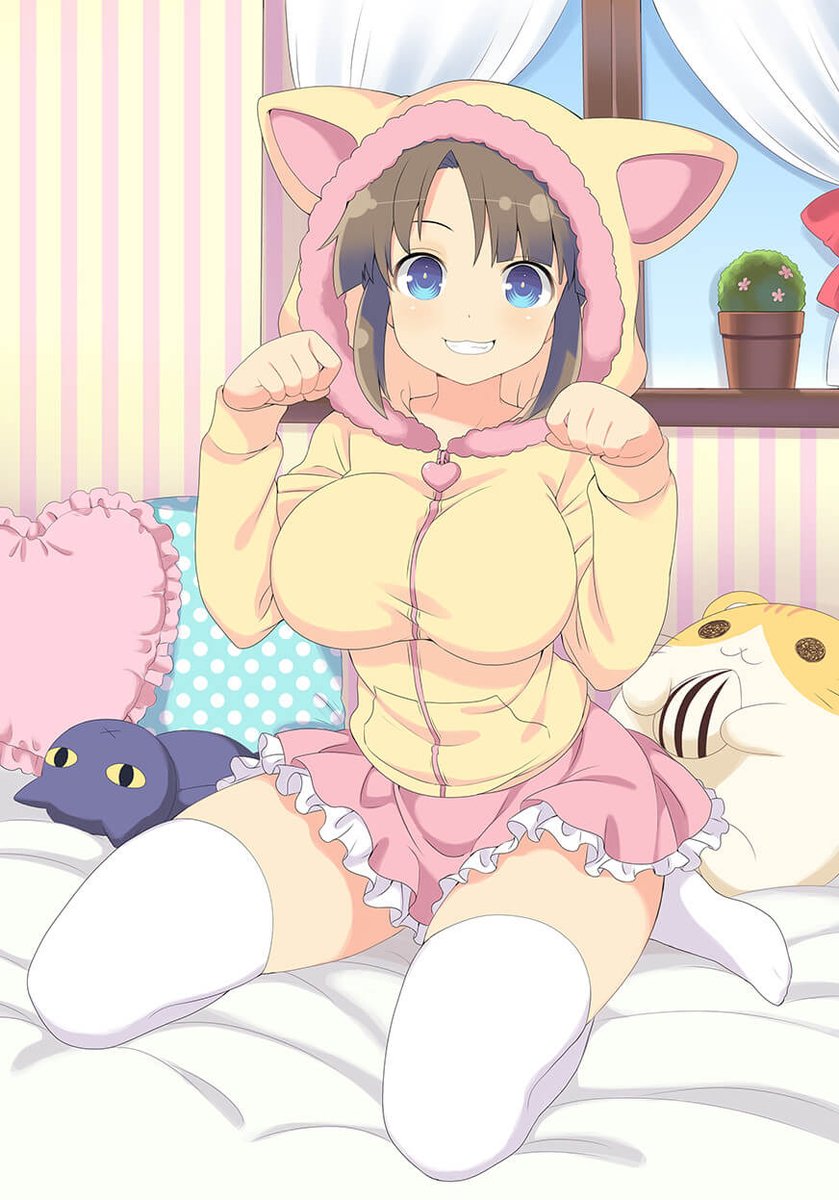 1girl, :3, animal_hood, blue_eyes, blush, breasts, brown_hair, commentary, curtains, english_commentary, frilled_pillow, frilled_skirt, frills, fur_trim, grin, hamster, heart, heart-shaped_pillow, highres, hood, hooded_jacket, jacket, large_breasts, looking_at_viewer, miniskirt, minori_(senran_kagura), official_art, on_bed, paw_pose, pillow, pink_skirt, plant, polka_dot, potted_plant, senran_kagura, senran_kagura_new_wave, senran_kagura_shinovi_versus, sitting, skirt, smile, solo, stuffed_animal, stuffed_cat, stuffed_hamster, stuffed_toy, teeth, thighhighs, wallpaper_(object), wariza, white_thighhighs, window, windowsill, yaegashi_nan, yellow_jacket