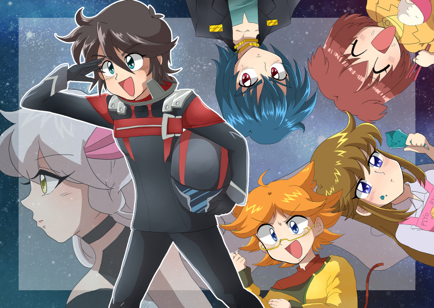 2019, 3boys, 3girls, blue_eyes, blue_hair, chopsticks, closed_eyes, closed_mouth