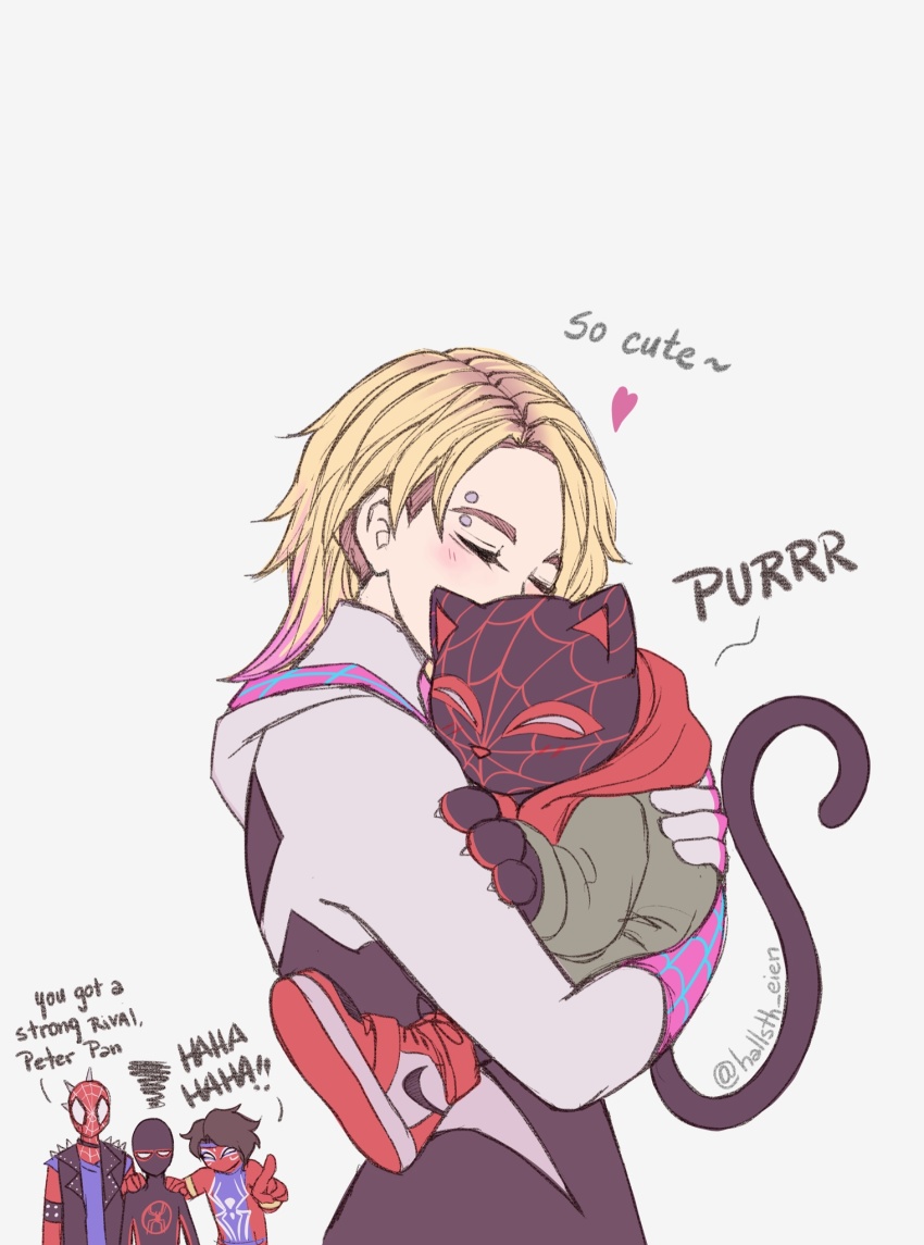 blonde_hair, bodysuit, bracelet, cat, closed_eyes, english_text, eyebrow_piercing, face_piercing, hallsth-eien, heart, highres, hug, jealous, jewelry, laughing, marvel, mask, meows_morales, multicolored_hair, piercing, pink_hair, pointing, shoulder_spikes, spider-gwen, spider-man:_across_the_spider-verse, spider-man_(miles_morales), spider-man_(series), spider-man_india, spider-punk, spider-verse, spikes, vest