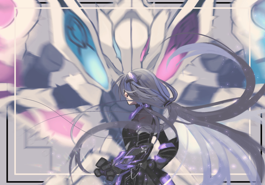 1girl, assaka_(honkai_impact_3rd), back, battle, black_bodysuit, black_hair, bodysuit, fu_hua