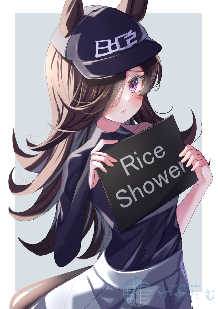 1girl, animal_ears, artist_logo, asymmetrical_sleeves, baseball_cap, black_hat, black_shirt, blush