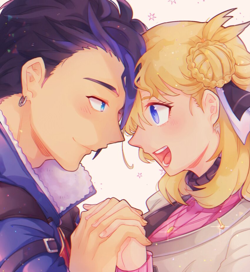 1boy, 1girl, agnes_claudel, blonde_hair, blue_eyes, coat, eiyuu_densetsu, hair_bun