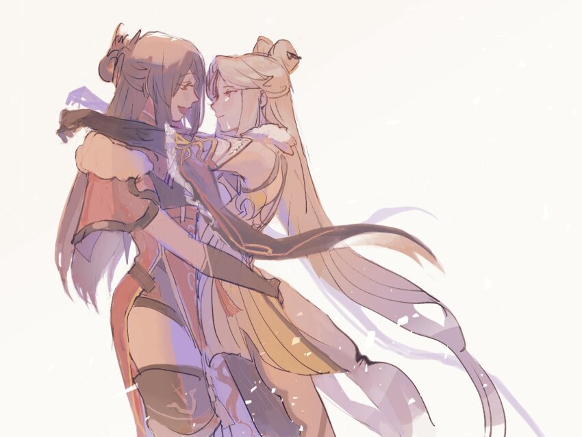 2girls, arm_behind_back, beidou_(genshin_impact), black_hair, chinese_clothes, dress, elbow_gloves, genshin_impact