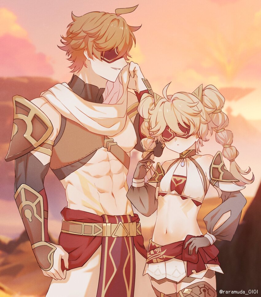 2boys, abs, aether_(genshin_impact), armor, blindfold, blonde_hair, blurry, blurry_background, character_request, closed_mouth, colored_blindfold, cosplay, crossdressing, crossdressing_(mtf), desert, detached_sleeves, genshin_impact, highres, jeht_(genshin_impact), jeht_(genshin_impact)_(cosplay), long_hair, male_focus, multiple_boys, nipples, outdoors, parted_lips, pectorals, raramuda_0101, tartaglia_(genshin_impact), toned, toned_male, trap, twintails, twitter_username
