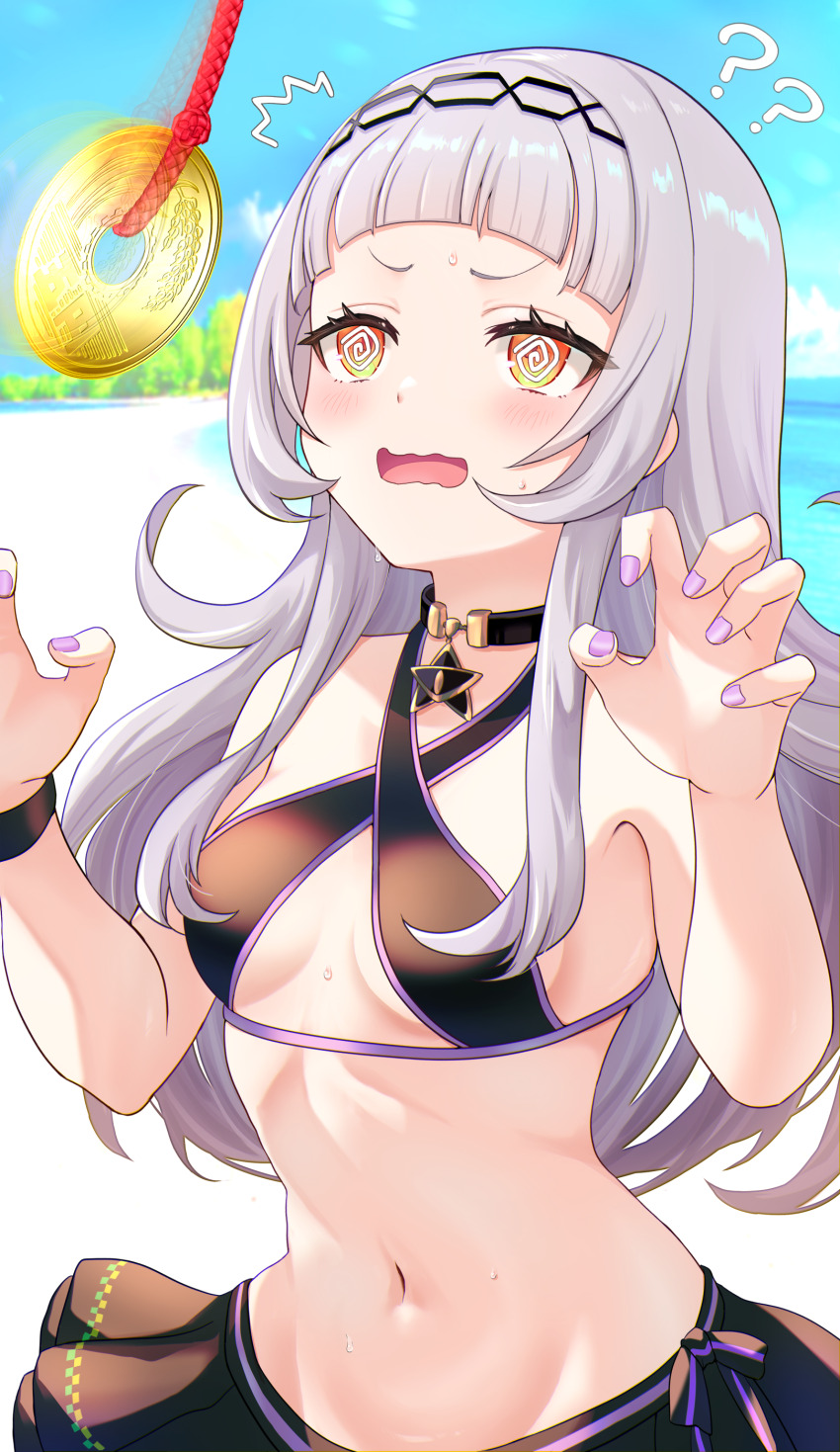 1girl, ?, ??, @_@, ^^^, absurdres, bare_arms, bare_shoulders, beach, bikini, black_bikini, black_collar, black_hairband, black_skirt, blue_sky, blunt_bangs, blush, breasts, claw_pose, coin, coin_on_string, collar, commentary_request, criss-cross_halter, day, grey_hair, groin, hairband, halterneck, hands_up, highres, holed_coin, hololive, hypnosis, kudoukudokudo, long_hair, looking_up, mind_control, motion_blur, murasaki_shion, murasaki_shion_(hololive_summer_2019), nail_polish, navel, ocean, open_mouth, outdoors, pendulum, purple_nails, sideboob, sidelocks, skirt, sky, small_breasts, solo, stomach, summer, sweat, swimsuit, v-shaped_eyebrows, virtual_youtuber, wavy_mouth, wristband, yellow_eyes