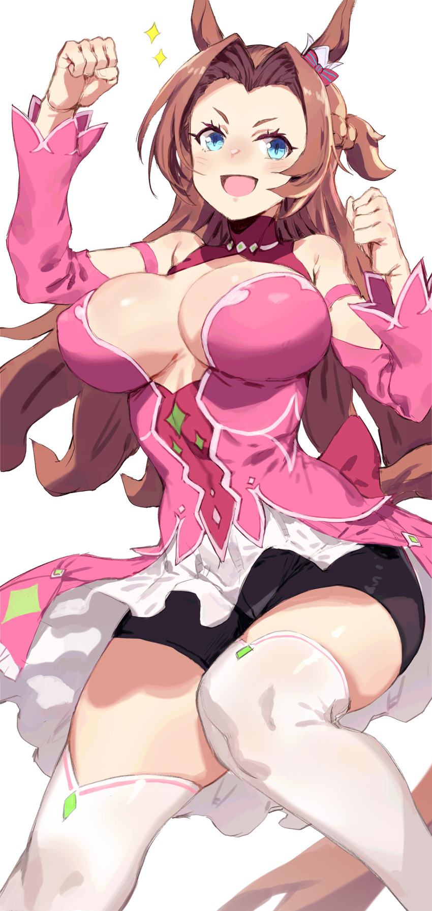 1girl, absurdres, animal_ears, bike_shorts, blue_eyes, blush, breasts, cleavage