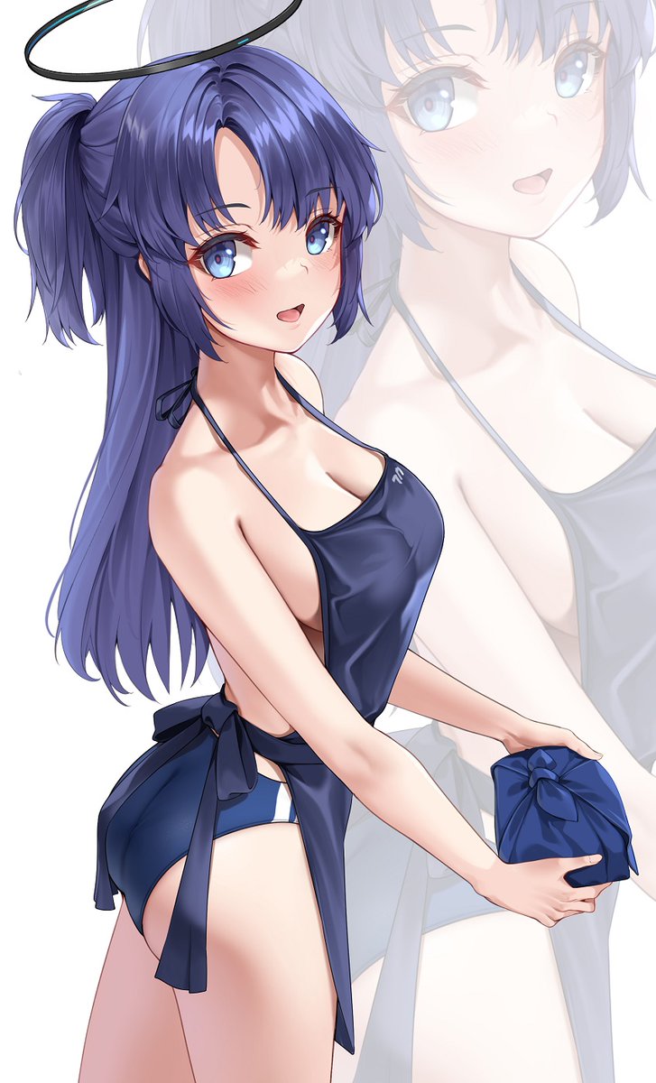 1girl, :d, apron, ass, bento, blue_apron, blue_archive, blue_buruma