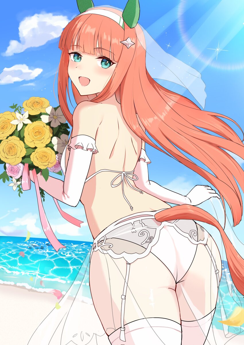 1girl, :d, absurdres, animal_ears, ass, back, beach, bikini, bouquet, bridal_veil, cloud, commentary, den_(den1115_), ear_covers, elbow_gloves, flat_color, flower, gloves, green_eyes, hairband, highres, hime_cut, horse_ears, horse_girl, horse_tail, lingerie, long_hair, looking_at_viewer, looking_back, open_mouth, orange_hair, silence_suzuka_(umamusume), skindentation, smile, solo, string_bikini, swimsuit, tail, umamusume, underwear, veil, white_gloves