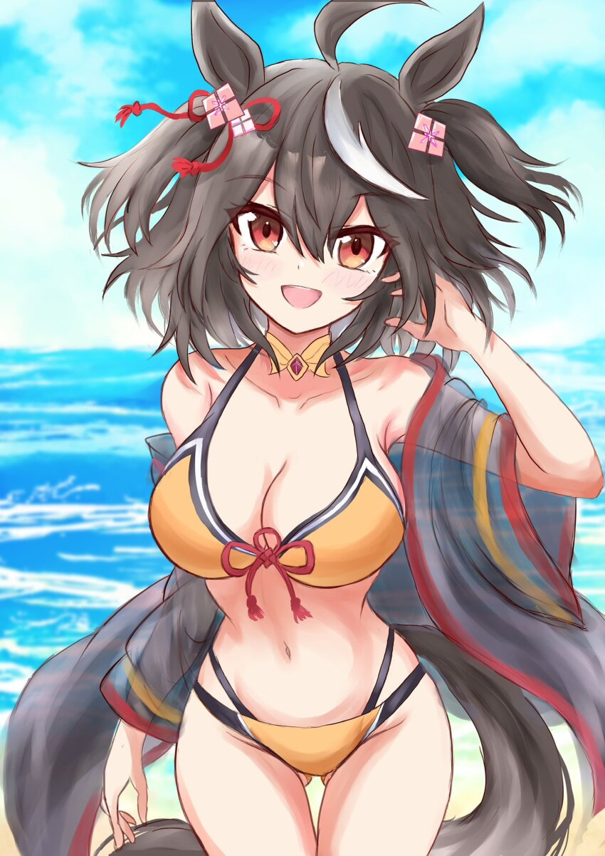 1girl, :d, ahoge, alternate_costume, animal_ears, beach, beatsheavens0735, bikini