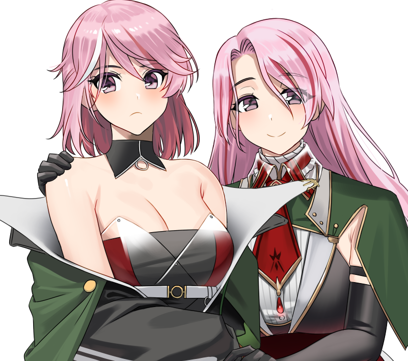 2girls, akagi_kurage, azur_lane, bare_shoulders, black_gloves, breasts, cleavage, closed_mouth, cosplay, detached_collar, duca_degli_abruzzi_(azur_lane), duca_degli_abruzzi_(azur_lane)_(cosplay), elbow_gloves, giuseppe_garibaldi_(azur_lane), giuseppe_garibaldi_(azur_lane)_(cosplay), giuseppe_garibaldi_(kancolle), gloves, hair_between_eyes, hand_on_another's_shoulder, kantai_collection, large_breasts, long_hair, looking_at_viewer, luigi_di_savoia_duca_degli_abruzzi_(kancolle), multicolored_hair, multiple_girls, pink_eyes, pink_hair, red_hair, short_hair, simple_background, smile, streaked_hair, upper_body, white_background, white_hair