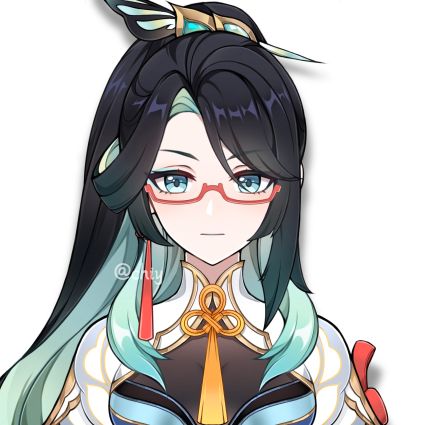 1girl, black_hair, blue_eyes, chinese_clothes, cloud_retainer_(genshin_impact), earrings, genshin_impact, glasses, green_hair, hair_ornament, hairpin, high_ponytail, highres, jewelry, long_hair, multicolored_hair, neck_tassel, official_style, ponytail, portrait, red-framed_eyewear, semi-rimless_eyewear, single_earring, solo, tassel, two-tone_hair, xianyun_(genshin_impact), yizhe