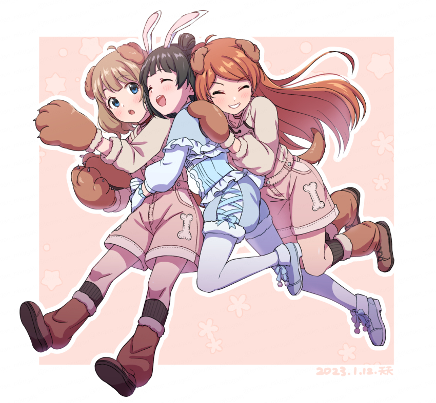 3girls, ahoge, alternate_hairstyle, animal_ears, animal_hands, arms_around_another's_waist, artist_name, belt