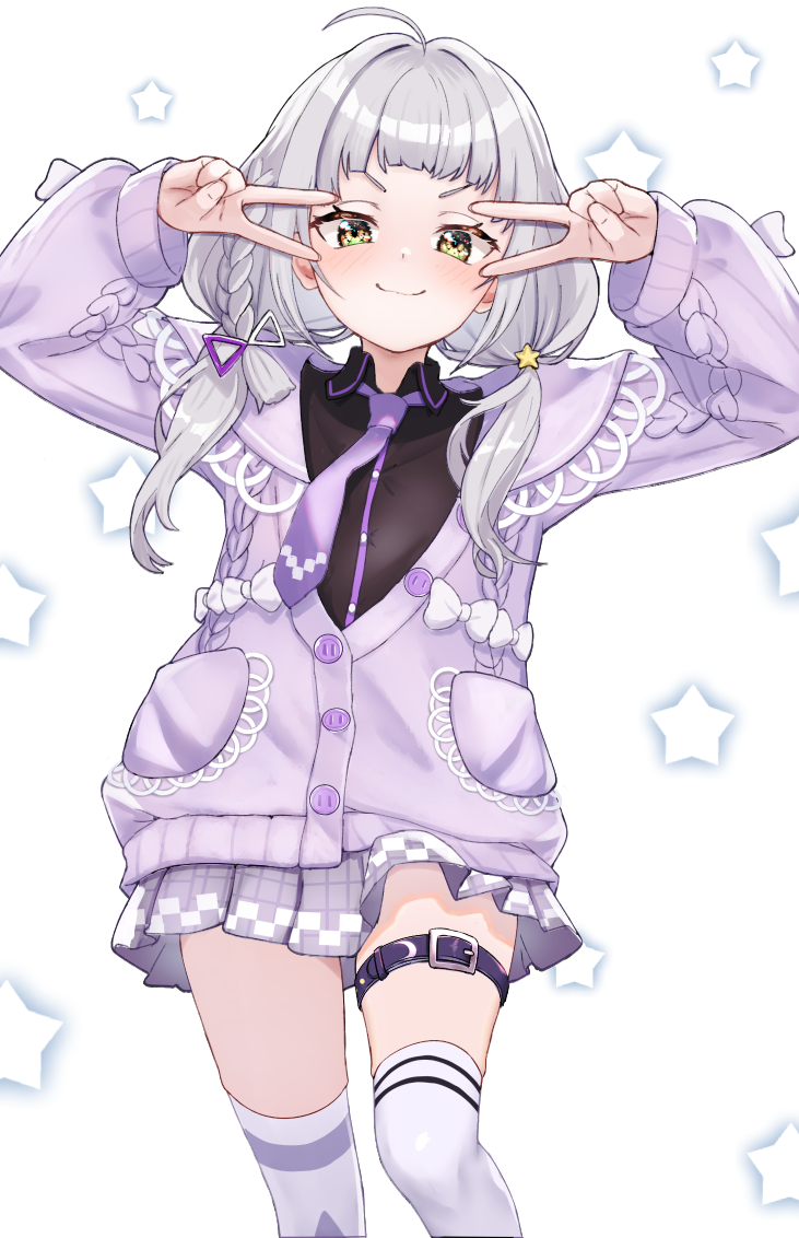 1girl, ahoge, black_shirt, blush, double_v, fuyukawa_(kogimiwa64338), grey_hair, grey_thighhighs