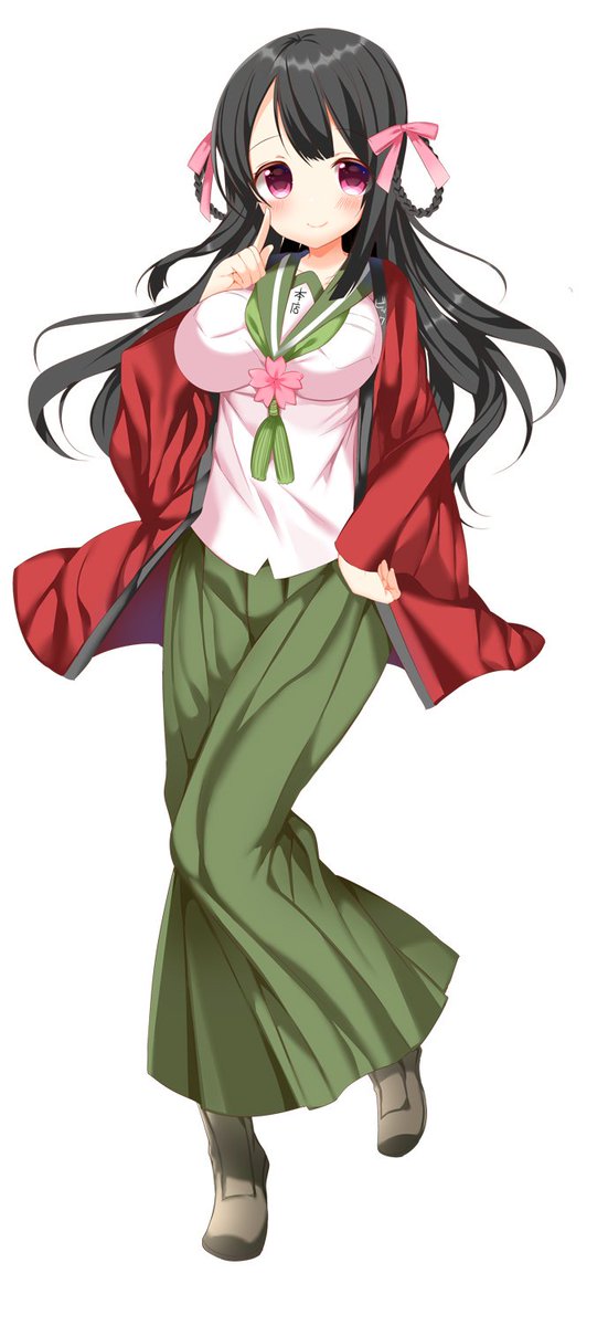 1girl, black_hair, breasts, green_skirt, highres, honten-tan, large_breasts, sailor_collar