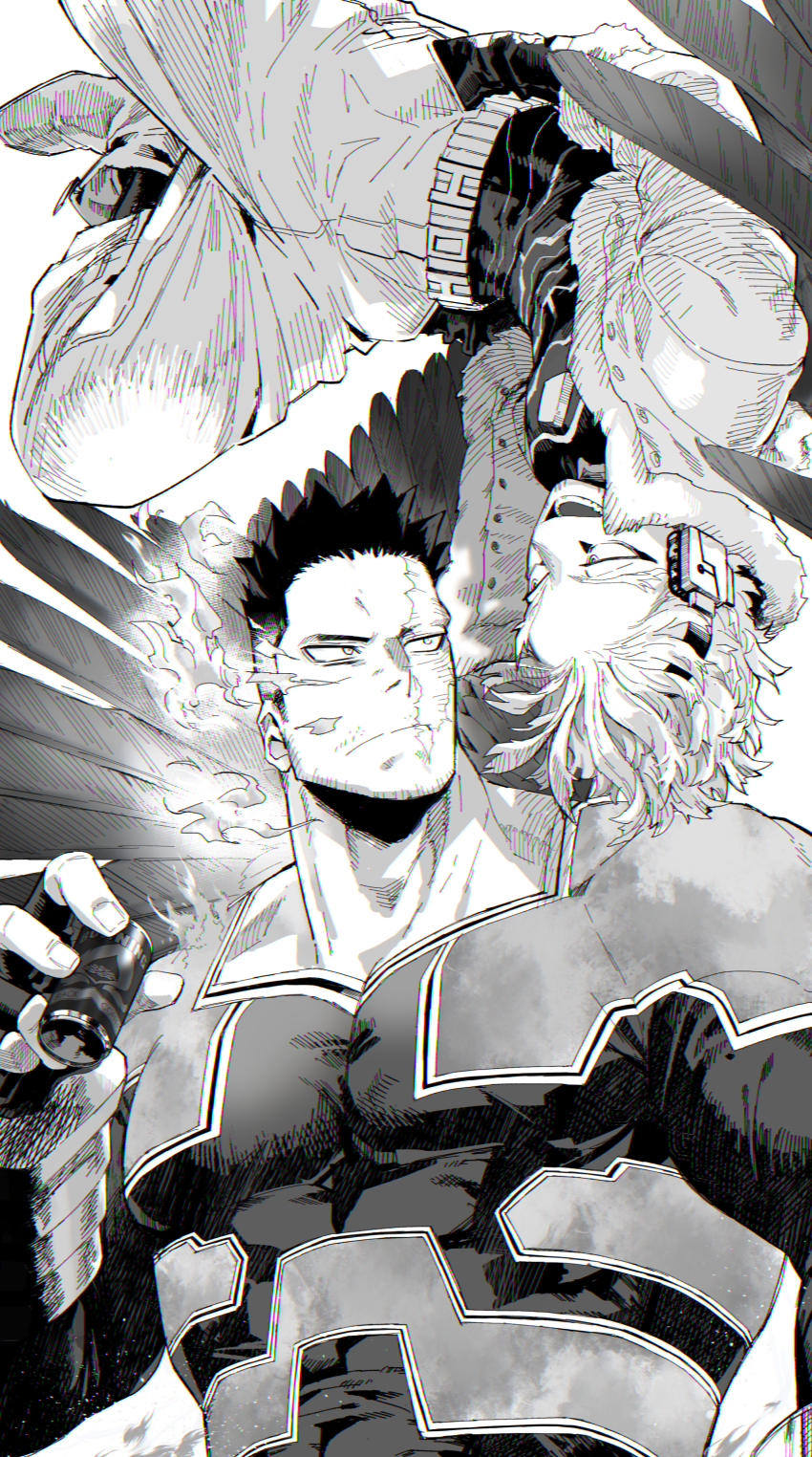 2boys, absurdres, ankle_boots, bara, beard_stubble, belt, bodysuit, boku_no_hero_academia
