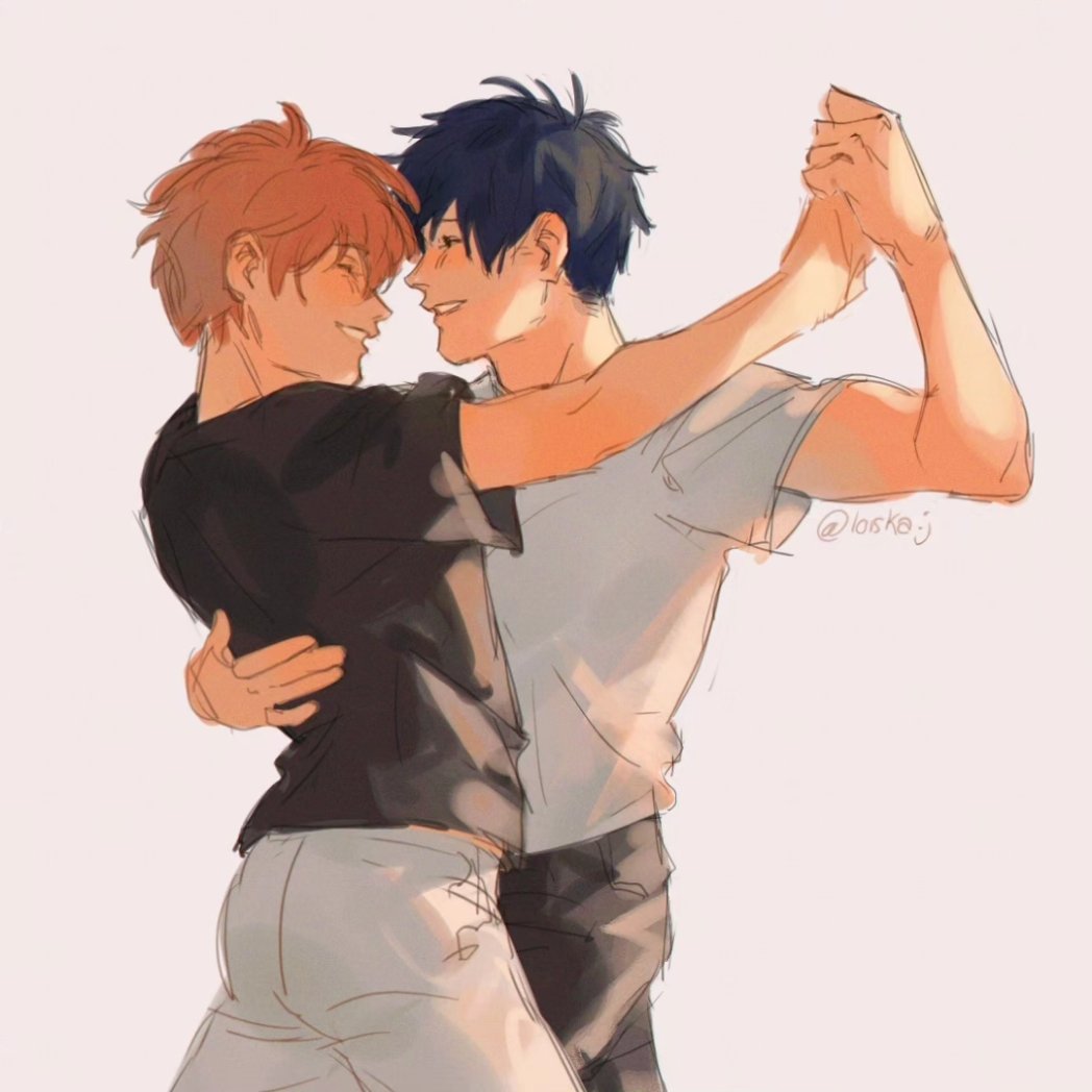 2boys, black_hair, black_pants, black_shirt, blush, couple, cowboy_shot, dancing