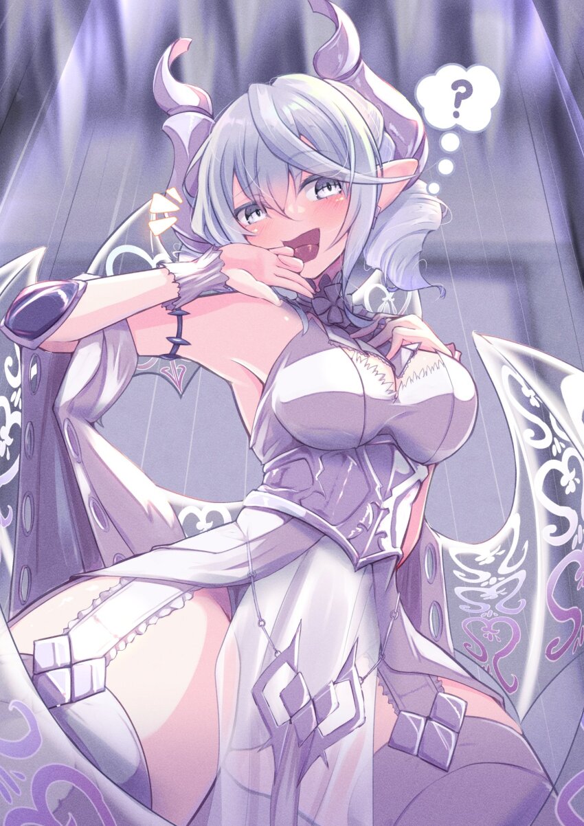 1girl, blush, breasts, cleavage, demimushi, demon_girl, demon_horns, demon_wings