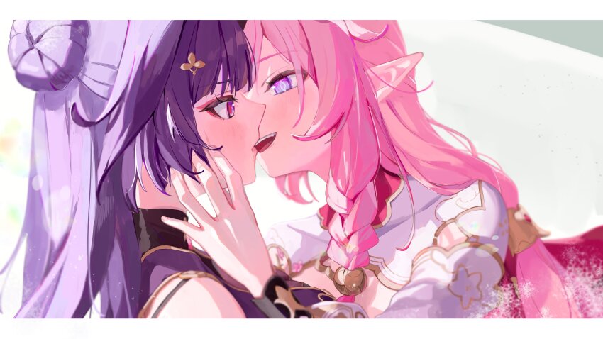 2girls, absurdres, after_kiss, elysia_(herrscher_of_human:_ego)_(honkai_impact), elysia_(honkai_impact), elysia_(peachy_spring)_(honkai_impact), hand_on_another's_cheek, hand_on_another's_face