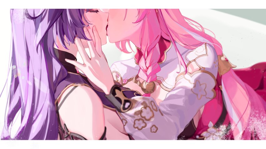 2girls, absurdres, breasts, closed_eyes, elysia_(herrscher_of_human:_ego)_(honkai_impact), elysia_(honkai_impact), elysia_(peachy_spring)_(honkai_impact), hand_on_another's_cheek