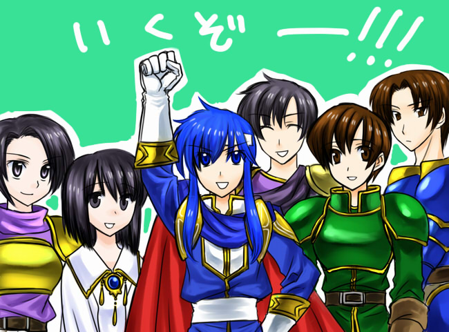 2girls, 4boys, armor, black_hair, blue_eyes, blue_hair, bo_(774berry), brother_and_sister