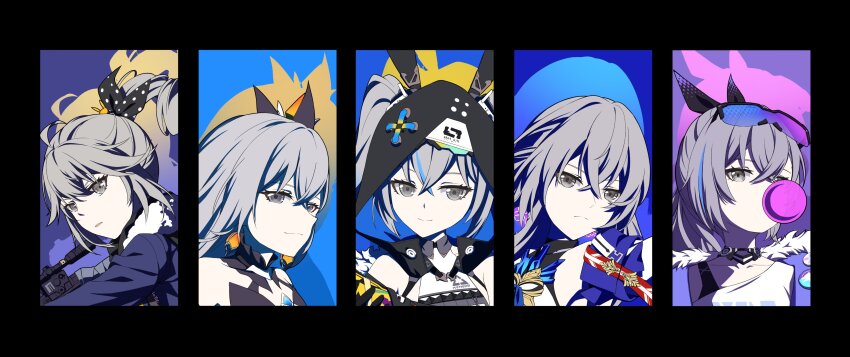 5girls, absurdres, honkai_gakuen, black_border, black_hoodie, blowing_bubble_gum, blowing_bubbles, blue_jacket