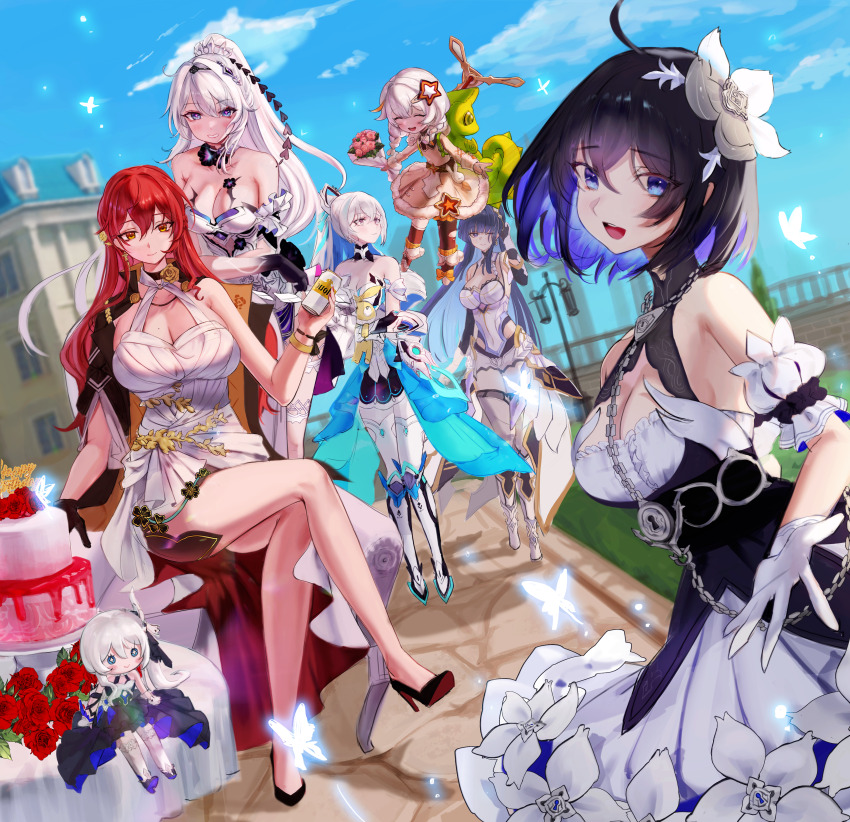 :d, absurdres, ahoge, bare_shoulders, black_coat, black_gloves, blue_butterfly, blue_eyes, blue_hair, blue_sky, bob_cut, bouquet, breasts, bronya_zaychik, bronya_zaychik_(herrscher_of_truth), bug, butterfly, cake, can, chair, cleavage, closed_mouth, cloud, cloudy_sky, coat, crossed_legs, dress, drink_can, elbow_gloves, elf_kiana, flower, food, full_body, gloves, grey_eyes, grey_hair, hair_flower, hair_ornament, highres, himeko_(honkai:_star_rail), holding, holding_bouquet, holding_can, homu_(honkai_impact), honkai:_star_rail, honkai_(series), honkai_impact_3rd, insect, jucie_oz_(user_tntm4757), kiana_kaslana, kiana_kaslana_(herrscher_of_finality), large_breasts, long_hair, open_mouth, pink_flower, ponytail, purple_eyes, purple_hair, raiden_mei, raiden_mei_(herrscher_of_origin), red_hair, seele_vollerei, seele_vollerei_(stygian_nymph), short_hair, sitting, sky, smile, soda_can, standing, theresa_apocalypse, theresa_apocalypse_(twilight_paladin), very_long_hair, white_dress, white_flower, white_gloves, white_hair, yellow_eyes