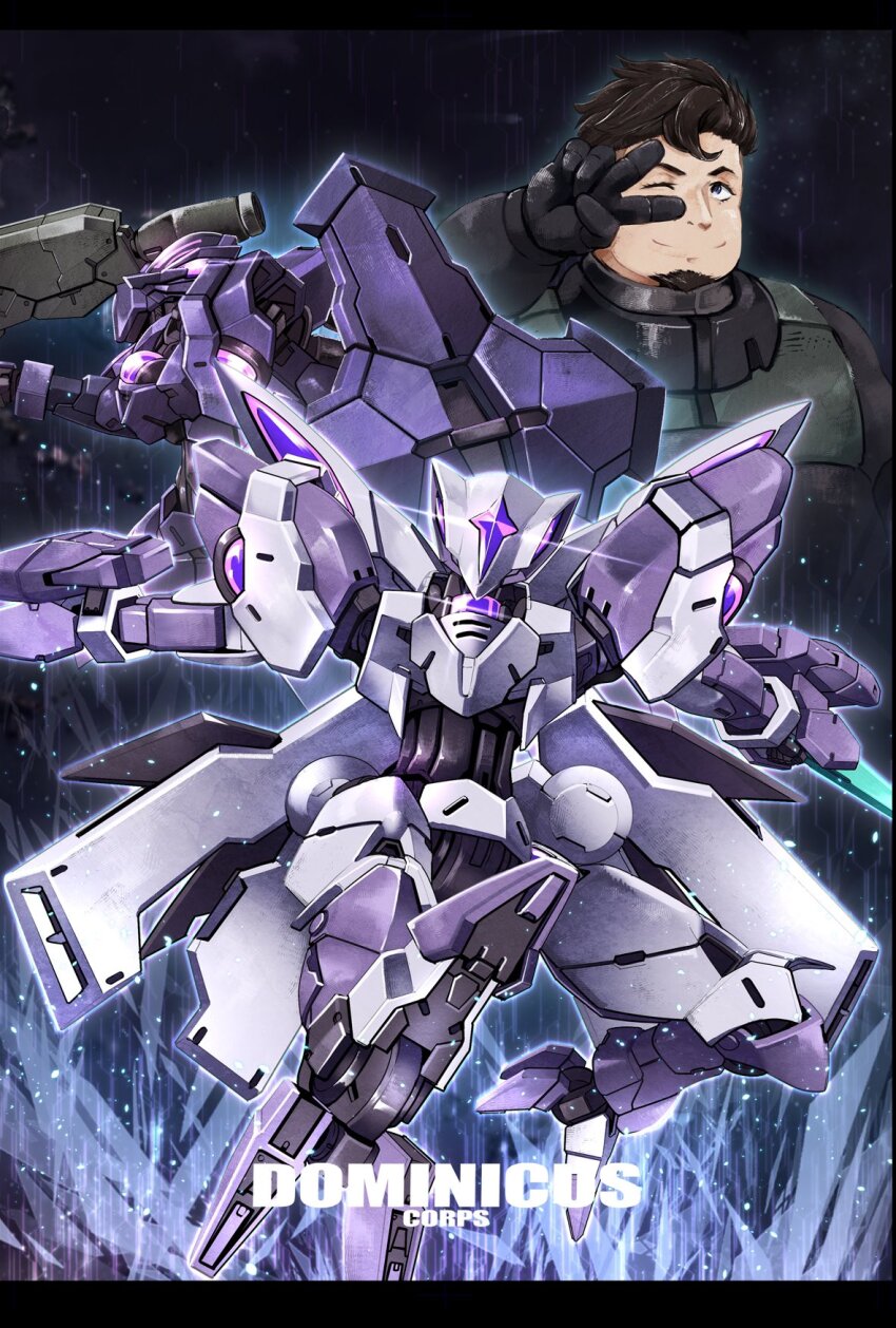 1boy, afro_puffs, ayato_mabu, beard, beguir-beu, beguir-pente, energy_gun, facial_hair, glowing, gundam, gundam_suisei_no_majo, highres, kenanji_avery, mecha, mecha_focus, one_eye_closed, pilot_suit, robot, shield, spacesuit, sword, v, weapon