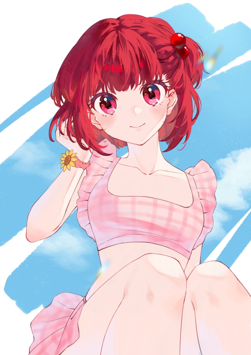 1girl, absurdres, alternate_hairstyle, arima_kana, bikini, blue_sky, blush, closed_mouth