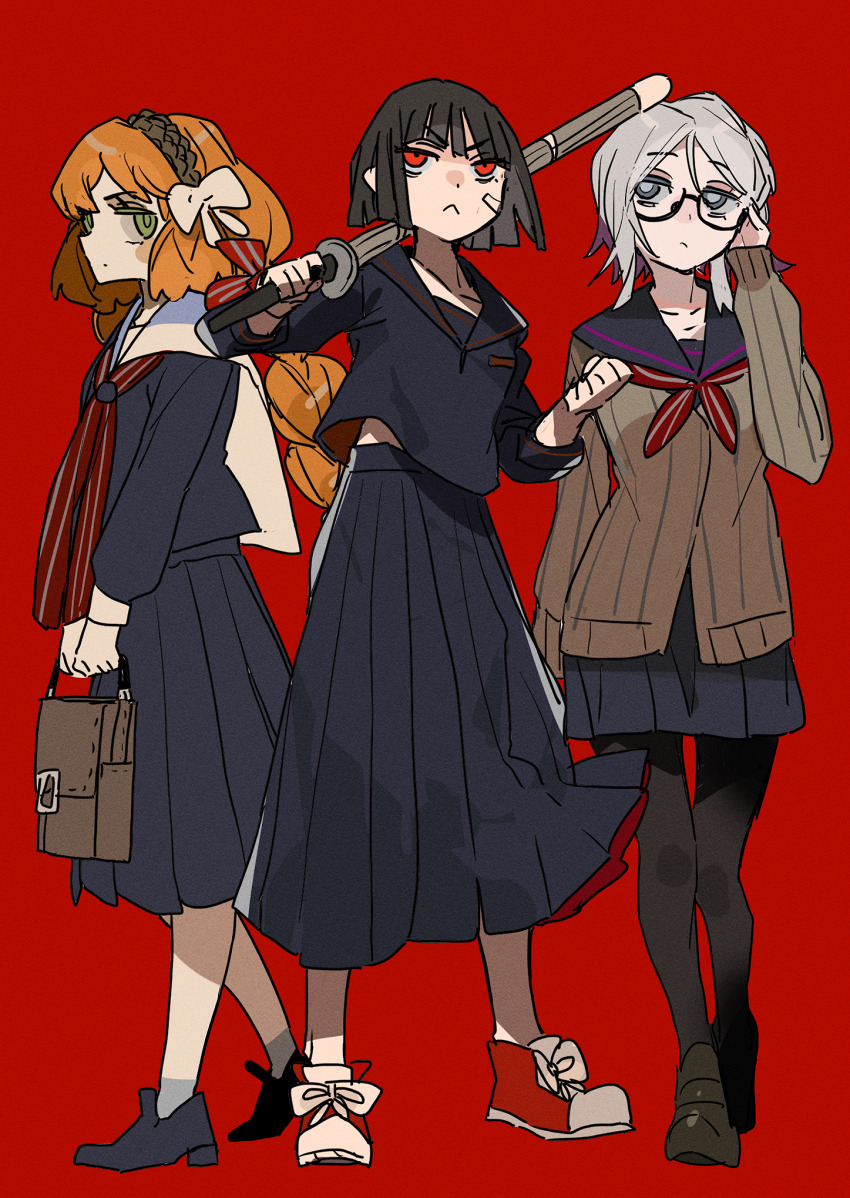 3girls, black_hair, black_pantyhose, black_sailor_collar, black_shirt, black_skirt, blue_eyes, bow